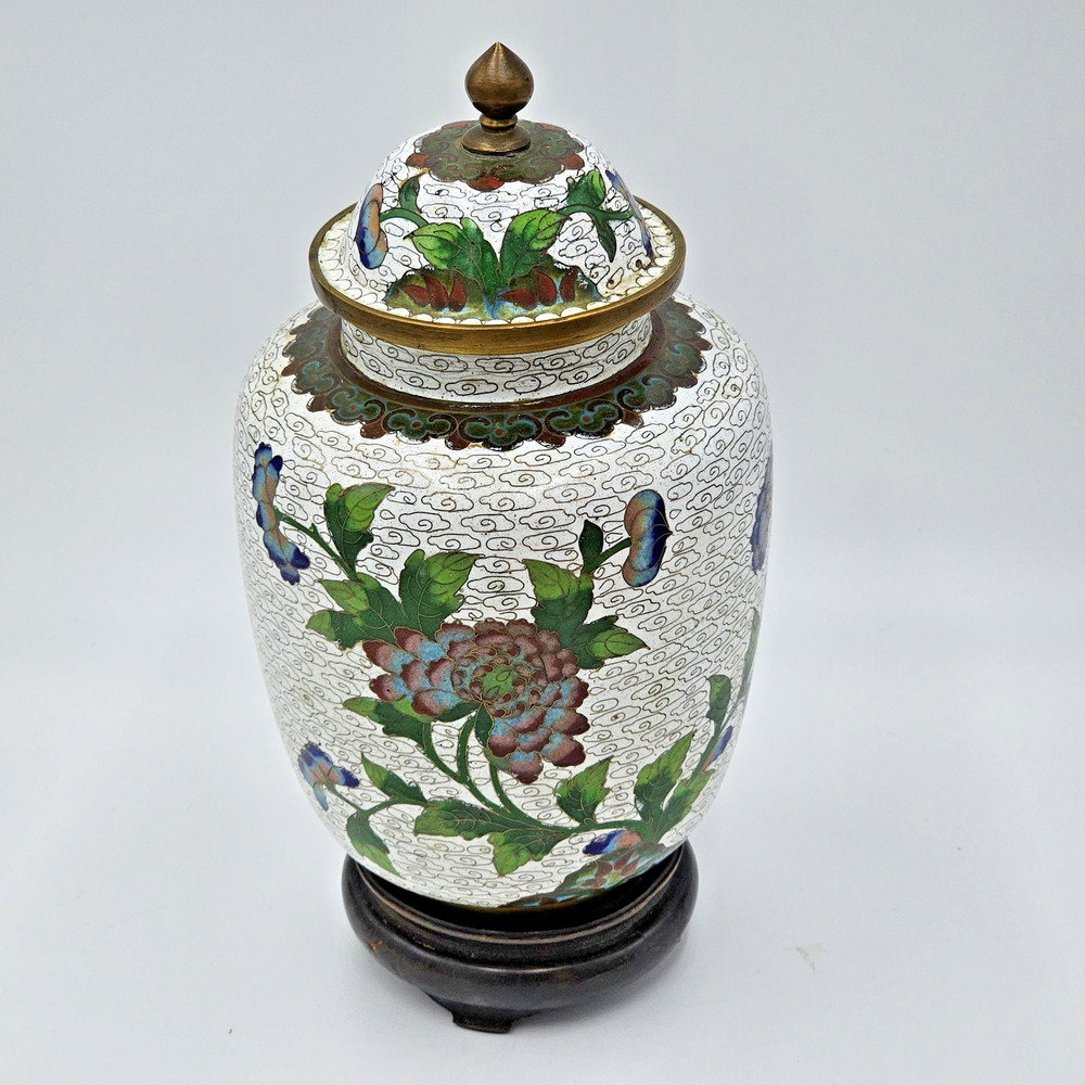 VTG Chinese Cloisonne Brass Ginger Jar Chrysanthemum Flower with Wooden Stand
